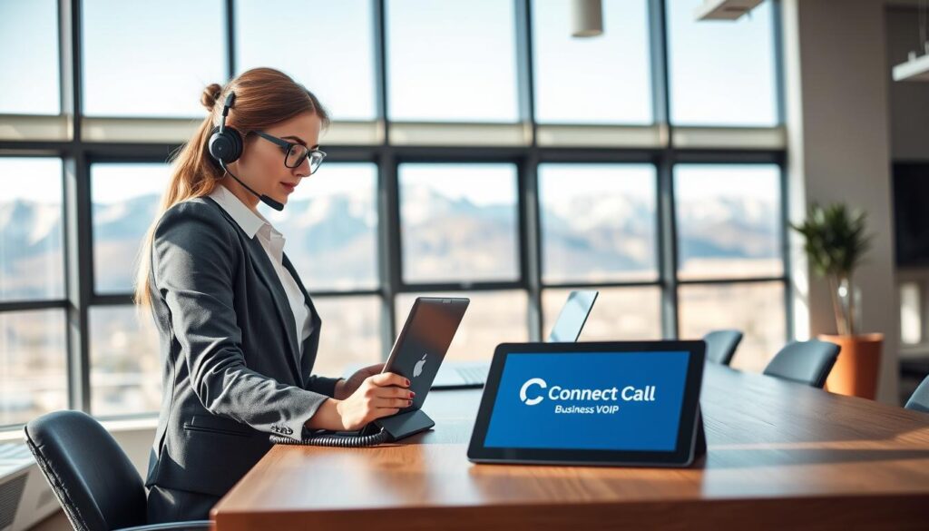 A modern business office in Cache Valley, showcasing a sleek workspace focused on communication technology. In the foreground, a professional businesswoman in business attire is engaging with a VoIP phone system, demonstrating attention to detail. The middle ground features a stylish desk with a laptop, VoIP headset, and a tablet displaying the Connect Call Business VoIP logo prominently. The background includes windows with a view of the Cache Valley mountains, suggesting a blend of nature and technology. Soft, natural light filters through, creating a bright and optimistic atmosphere. Utilize a wide-angle lens to capture the entire scene clearly, emphasizing a sense of professionalism and innovation in business communication. Aim for an ultra-realistic image that conveys the essence of assessing communication needs in a dynamic work environment. A modern business office in Cache Valley, showcasing a sleek workspace focused on communication technology. In the foreground, a professional businesswoman in business attire is engaging with a VoIP phone system, demonstrating attention to detail. The middle ground features a stylish desk with a laptop, VoIP headset, and a tablet displaying the Connect Call Business VoIP logo prominently. The background includes windows with a view of the Cache Valley mountains, suggesting a blend of nature and technology. Soft, natural light filters through, creating a bright and optimistic atmosphere. Utilize a wide-angle lens to capture the entire scene clearly, emphasizing a sense of professionalism and innovation in business communication. Aim for an ultra-realistic image that conveys the essence of assessing communication needs in a dynamic work environment.