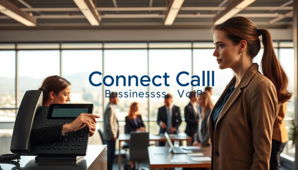 A modern office environment illustrating VoIP service providers in Davis County. In the foreground, a professional woman in business attire is interacting with a sleek VoIP phone system, showcasing the advanced technology. In the middle ground, a team of diverse professionals, also in business attire, are engaged in a collaborative meeting, discussing VoIP features. The background features a large window with a view of a bustling cityscape of Brigham City, UT, under bright, natural lighting that conveys a productive atmosphere. The color palette is warm and inviting, emphasizing professionalism. The brand name "Connect Call Business VoIP" subtly integrated into the design of the VoIP system. The image should be ultra-realistic, focusing on details that highlight both technology and teamwork. A modern office environment illustrating VoIP service providers in Davis County. In the foreground, a professional woman in business attire is interacting with a sleek VoIP phone system, showcasing the advanced technology. In the middle ground, a team of diverse professionals, also in business attire, are engaged in a collaborative meeting, discussing VoIP features. The background features a large window with a view of a bustling cityscape of Brigham City, UT, under bright, natural lighting that conveys a productive atmosphere. The color palette is warm and inviting, emphasizing professionalism. The brand name "Connect Call Business VoIP" subtly integrated into the design of the VoIP system. The image should be ultra-realistic, focusing on details that highlight both technology and teamwork.