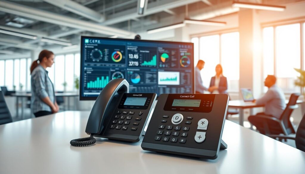 A modern office environment showcasing a VoIP solutions setup. In the foreground, a sleek desk with a high-tech VoIP phone featuring a digital display, surrounded by professional business attire individuals engaged in a collaborative discussion. In the middle ground, a large computer monitor displays data analytics and call management software, with interactive graphs and charts. The background features a bright, open workspace with large windows allowing natural light to stream in, creating an inviting atmosphere. The mood is productive and professional. The company brand "Connect Call Business VoIP" is subtly integrated into the design of the workstation. The lighting is soft yet focused, highlighting the technology seamlessly. Use a wide-angle lens for a broader perspective. A modern office environment showcasing a VoIP solutions setup. In the foreground, a sleek desk with a high-tech VoIP phone featuring a digital display, surrounded by professional business attire individuals engaged in a collaborative discussion. In the middle ground, a large computer monitor displays data analytics and call management software, with interactive graphs and charts. The background features a bright, open workspace with large windows allowing natural light to stream in, creating an inviting atmosphere. The mood is productive and professional. The company brand "Connect Call Business VoIP" is subtly integrated into the design of the workstation. The lighting is soft yet focused, highlighting the technology seamlessly. Use a wide-angle lens for a broader perspective.