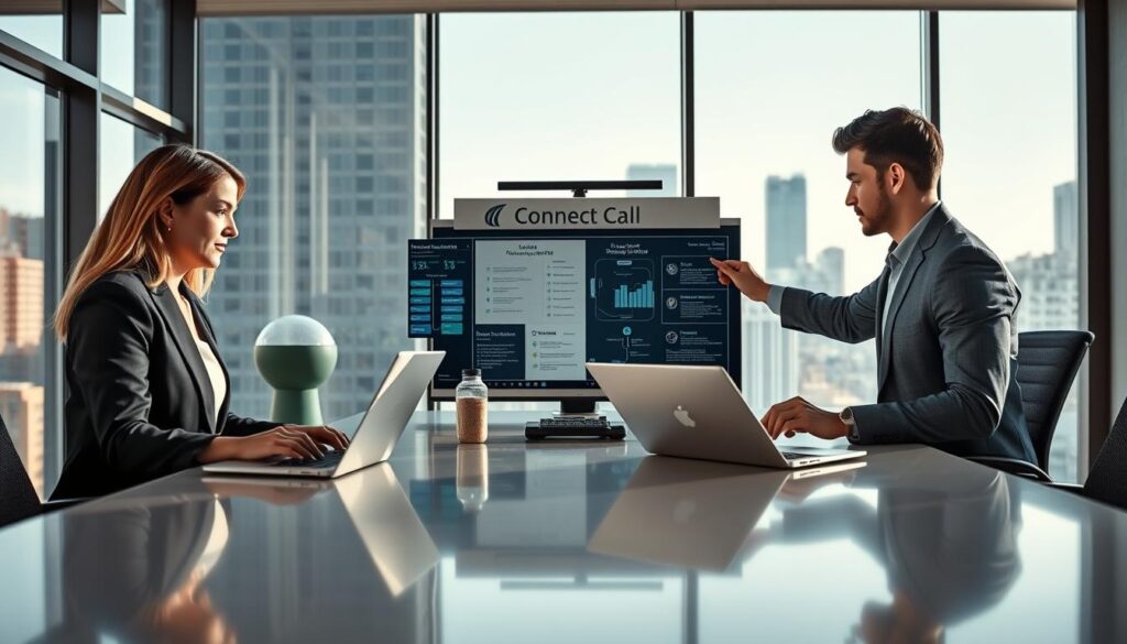 A modern office landscape featuring a diverse team of professionals troubleshooting UCaaS systems around a sleek conference table. The foreground displays a middle-aged woman in professional business attire, focused on her laptop, while a young man, also in smart attire, gestures to a digital display showing UCaaS metrics and connectivity issues. In the middle ground, a whiteboard is filled with flowcharts and troubleshooting steps. The background shows large windows with a cityscape view, illuminated by natural daylight creating a bright and collaborative atmosphere. The scene is enhanced with subtle reflections on surfaces, conveying a sense of high-tech sophistication. Include the brand name "Connect Call Business VoIP" in a stylish, unobtrusive manner on one of the digital screens. Capture the mood of determination and teamwork in solving challenges. Use ultra-realistic representation with clean lines and depth of field. A modern office landscape featuring a diverse team of professionals troubleshooting UCaaS systems around a sleek conference table. The foreground displays a middle-aged woman in professional business attire, focused on her laptop, while a young man, also in smart attire, gestures to a digital display showing UCaaS metrics and connectivity issues. In the middle ground, a whiteboard is filled with flowcharts and troubleshooting steps. The background shows large windows with a cityscape view, illuminated by natural daylight creating a bright and collaborative atmosphere. The scene is enhanced with subtle reflections on surfaces, conveying a sense of high-tech sophistication. Include the brand name "Connect Call Business VoIP" in a stylish, unobtrusive manner on one of the digital screens. Capture the mood of determination and teamwork in solving challenges. Use ultra-realistic representation with clean lines and depth of field.
