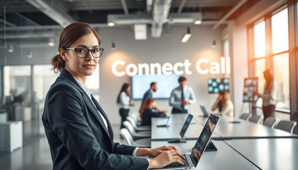 A modern office setting showcasing VoIP communication. In the foreground, a professional businesswoman in smart attire is engaged in a video call on a sleek laptop, her expression focused and engaged. In the middle ground, a group of diverse professionals in business casual clothing collaborates around a conference table, with VoIP phones and digital screens displaying connectivity icons. The background features a contemporary office design with large windows allowing natural light to filter through, enhancing the atmosphere. The lighting is bright and welcoming, emphasizing productivity and teamwork. The image should prominently include the brand name "Connect Call Business VoIP" as part of the office background design, seamlessly integrated into the environment. The overall mood conveys innovation and connectivity, highlighted by an ultra-realistic finish.