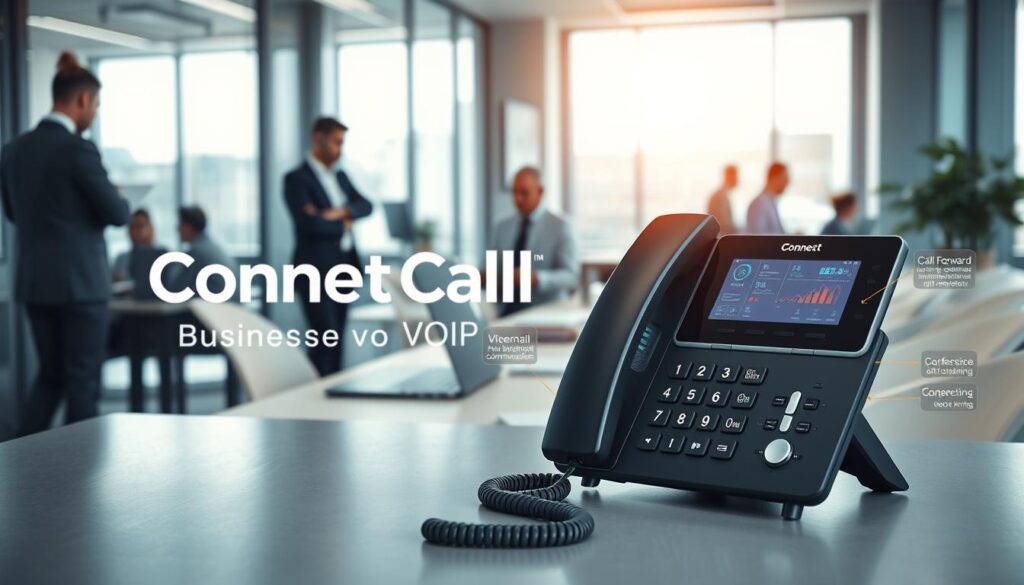 A modern office setting showcasing the features of a VoIP phone system. In the foreground, a sleek VoIP phone with a digital display, accents highlighting features like call forwarding, voicemail, and conferencing. In the middle, an organized desk with a laptop, displaying charts and graphs on business communication effectiveness. The background features a bright, open office space with glass walls, and employees in professional attire collaborating, using headsets and laptops. Soft, natural lighting flooding in from large windows, creating an inviting atmosphere. The brand name "Connect Call Business VoIP" subtly integrated into the design of the office. The scene conveys a sense of productivity, connection, and modern business communication solutions, emphasized through an ultra-realistic style and dynamic angles to enhance depth. A modern office setting showcasing the features of a VoIP phone system. In the foreground, a sleek VoIP phone with a digital display, accents highlighting features like call forwarding, voicemail, and conferencing. In the middle, an organized desk with a laptop, displaying charts and graphs on business communication effectiveness. The background features a bright, open office space with glass walls, and employees in professional attire collaborating, using headsets and laptops. Soft, natural lighting flooding in from large windows, creating an inviting atmosphere. The brand name "Connect Call Business VoIP" subtly integrated into the design of the office. The scene conveys a sense of productivity, connection, and modern business communication solutions, emphasized through an ultra-realistic style and dynamic angles to enhance depth.