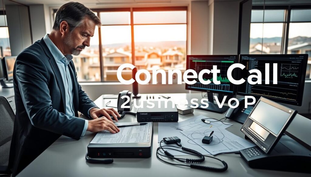 A professional VoIP technician troubleshooting a VoIP issue in an office environment, set in Layton, Utah. The foreground features the technician, a middle-aged individual in smart business attire, examining a laptop with network diagrams and VoIP equipment spread on a sleek desk. In the middle ground, displays and monitors depict call quality graphs and connection analytics, showcasing the complexity of VoIP systems. The background reveals the office setting with windows showing a suburban view of Layton. The lighting is bright and professional, simulating a well-lit office space during the day. The atmosphere conveys focus and technical expertise. Include the brand name "Connect Call Business VoIP" subtly integrated into the office background, enhancing the realism of the scene. A professional VoIP technician troubleshooting a VoIP issue in an office environment, set in Layton, Utah. The foreground features the technician, a middle-aged individual in smart business attire, examining a laptop with network diagrams and VoIP equipment spread on a sleek desk. In the middle ground, displays and monitors depict call quality graphs and connection analytics, showcasing the complexity of VoIP systems. The background reveals the office setting with windows showing a suburban view of Layton. The lighting is bright and professional, simulating a well-lit office space during the day. The atmosphere conveys focus and technical expertise. Include the brand name "Connect Call Business VoIP" subtly integrated into the office background, enhancing the realism of the scene.