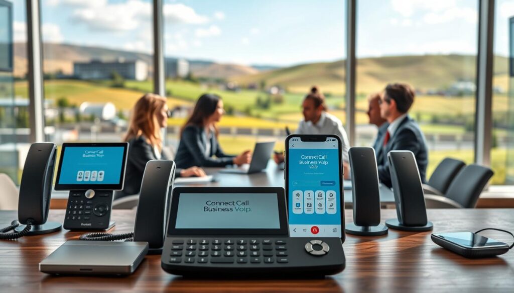 A professional and ultra-realistic image showcasing modern VoIP technology in Box Elder County. In the foreground, sleek VoIP devices and smartphones with screens displaying user-friendly interfaces from "Connect Call Business VoIP". The middle ground features a diverse group of professionals in business attire, engaging in discussions and collaborating around a conference table, emphasizing a dynamic work environment. The background shows a picturesque view of Box Elder County, with rolling hills and modern office buildings, under a bright, natural light filtering in through large windows. The atmosphere is collaborative and focused, illustrating the advancements in communication technology. The scene captures the essence of connectivity and innovation in a vibrant rural setting, portrayed with depth of field through a wide-angle lens, giving it an inviting and authentic feel. A professional and ultra-realistic image showcasing modern VoIP technology in Box Elder County. In the foreground, sleek VoIP devices and smartphones with screens displaying user-friendly interfaces from "Connect Call Business VoIP". The middle ground features a diverse group of professionals in business attire, engaging in discussions and collaborating around a conference table, emphasizing a dynamic work environment. The background shows a picturesque view of Box Elder County, with rolling hills and modern office buildings, under a bright, natural light filtering in through large windows. The atmosphere is collaborative and focused, illustrating the advancements in communication technology. The scene captures the essence of connectivity and innovation in a vibrant rural setting, portrayed with depth of field through a wide-angle lens, giving it an inviting and authentic feel.
