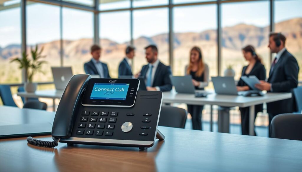 A professional business office environment in Utah showcasing the essential features of a modern phone system. In the foreground, a sleek desk with a high-tech VoIP phone displaying the brand "Connect Call Business VoIP" prominently. The middle ground features a group of professionals in smart business attire engaged in discussion, utilizing headsets and laptops, representing effective communication. The background displays large windows with a view of Utah's stunning desert landscape, allowing natural light to flood the room, creating a warm and inviting atmosphere. The image should have a slight depth of field, focusing sharply on the phone and the engaged professionals, capturing an ultra-realistic and motivational business environment. A professional business office environment in Utah showcasing the essential features of a modern phone system. In the foreground, a sleek desk with a high-tech VoIP phone displaying the brand "Connect Call Business VoIP" prominently. The middle ground features a group of professionals in smart business attire engaged in discussion, utilizing headsets and laptops, representing effective communication. The background displays large windows with a view of Utah's stunning desert landscape, allowing natural light to flood the room, creating a warm and inviting atmosphere. The image should have a slight depth of field, focusing sharply on the phone and the engaged professionals, capturing an ultra-realistic and motivational business environment.