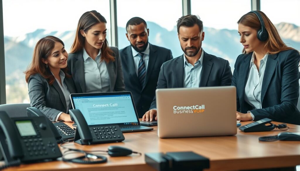 A professional business office setting highlighting VoIP communication challenges in Utah. In the foreground, a diverse group of three business professionals in business attire are gathered around a conference table, displaying expressions of concern while examining a laptop displaying connectivity issues. The middle ground features an array of communication devices like IP phones and headsets. In the background, large windows reveal a scenic view of Utah's mountains, symbolizing the local business environment. The scene is well-lit with natural light, creating a realistic and engaging atmosphere. The image should also subtly incorporate the “Connect Call Business VoIP” branding on the laptop screen, representing innovative solutions for VoIP challenges. Use a slight depth of field effect to emphasize the foreground while softly blurring the background, enhancing the focus on the professionals' interaction.