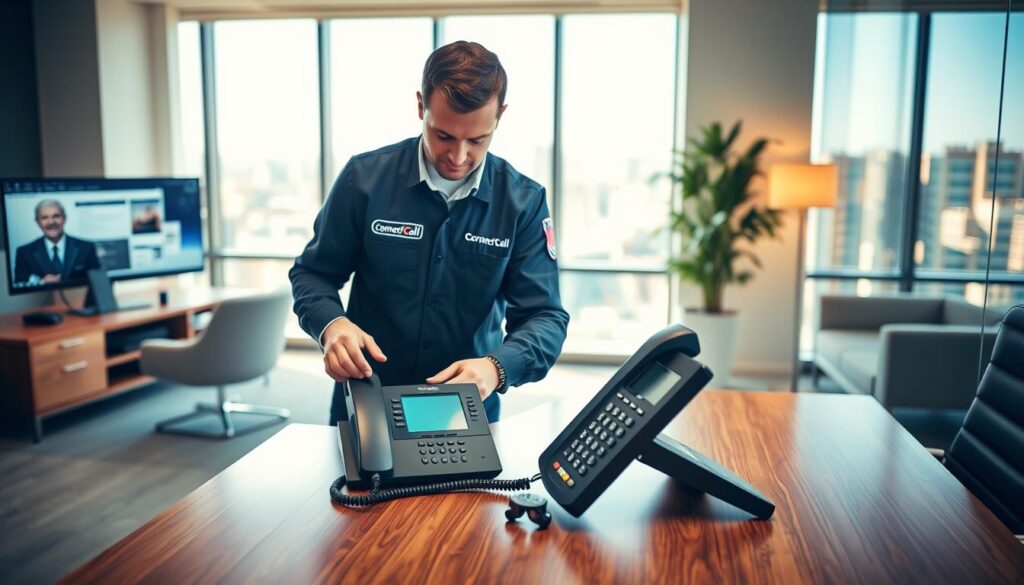 A professional technician in a smart, branded uniform labeled "Connect Call Business VoIP" is installing a business phone system in a modern office setting. In the foreground, the technician is carefully connecting wires and setting up a sleek digital phone on a polished wooden desk. The middle ground features a well-lit office with contemporary furniture, a computer monitor displaying communication software, and a large window with natural light pouring in, creating a bright atmosphere. In the background, you can see a cityscape through the window, adding a sense of location in Utah. The lighting is warm and inviting, enhancing the professional mood. Capture the image from a slightly elevated angle for a comprehensive view that emphasizes the technician's expertise and the advanced technology being installed. The overall feel should convey professionalism, reliability, and modern business efficiency. A professional technician in a smart, branded uniform labeled "Connect Call Business VoIP" is installing a business phone system in a modern office setting. In the foreground, the technician is carefully connecting wires and setting up a sleek digital phone on a polished wooden desk. The middle ground features a well-lit office with contemporary furniture, a computer monitor displaying communication software, and a large window with natural light pouring in, creating a bright atmosphere. In the background, you can see a cityscape through the window, adding a sense of location in Utah. The lighting is warm and inviting, enhancing the professional mood. Capture the image from a slightly elevated angle for a comprehensive view that emphasizes the technician's expertise and the advanced technology being installed. The overall feel should convey professionalism, reliability, and modern business efficiency.