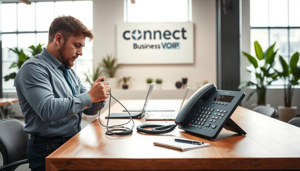 A professional technician installing a business phone system in a modern office setting. In the foreground, the technician, dressed in business casual attire, is focused on connecting wires to a sleek VoIP phone system on a stylish wooden desk. Soft, natural lighting filters through large windows in the middle ground, illuminating a clutter-free workspace with a laptop, notepad, and branding for "Connect Call Business VoIP" subtly displayed on a wall. In the background, a minimalist office environment features plants and contemporary architecture, creating a calm yet productive atmosphere. The overall mood conveys efficiency and professionalism, emphasizing the importance of having an updated phone system for businesses. Hyper-realistic details capturing the textures of the phone, desk, and office materials, shot with a wide-angle lens for depth. A professional technician installing a business phone system in a modern office setting. In the foreground, the technician, dressed in business casual attire, is focused on connecting wires to a sleek VoIP phone system on a stylish wooden desk. Soft, natural lighting filters through large windows in the middle ground, illuminating a clutter-free workspace with a laptop, notepad, and branding for "Connect Call Business VoIP" subtly displayed on a wall. In the background, a minimalist office environment features plants and contemporary architecture, creating a calm yet productive atmosphere. The overall mood conveys efficiency and professionalism, emphasizing the importance of having an updated phone system for businesses. Hyper-realistic details capturing the textures of the phone, desk, and office materials, shot with a wide-angle lens for depth.