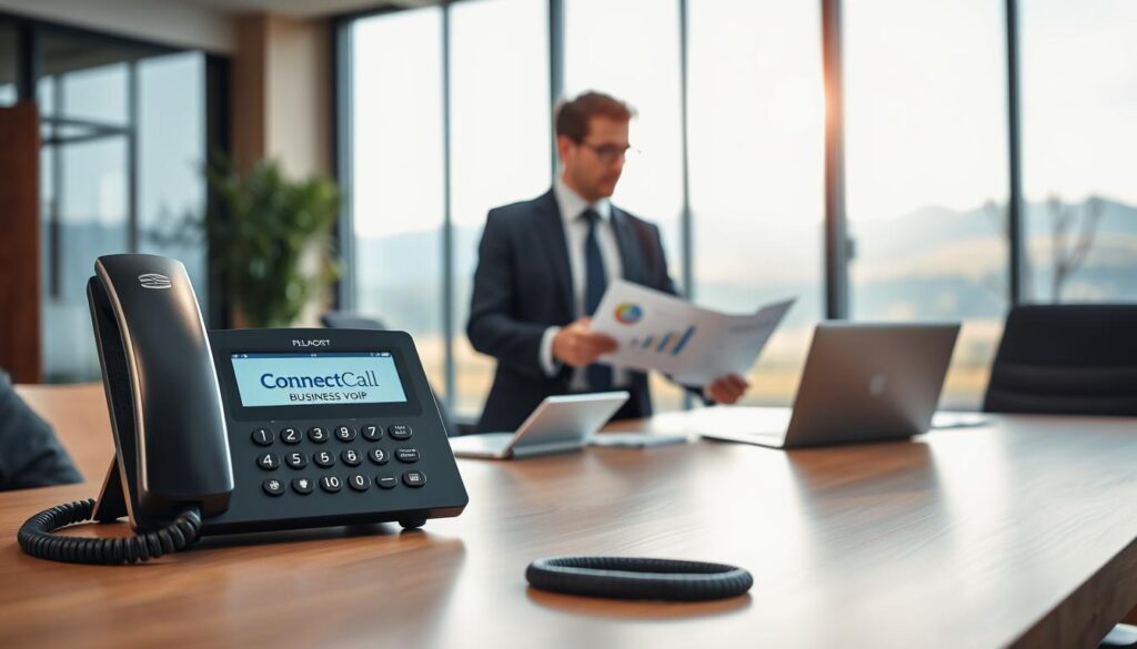 A professional, ultra-realistic office scene showcasing network connectivity and VoIP technology in Box Elder County. In the foreground, display a sleek desk setup with a modern VoIP phone prominently featuring the "Connect Call Business VoIP" logo. In the middle ground, depict a team of two professionals, a man and a woman, dressed in smart business attire, engaged in a discussion while analyzing charts and graphs on a laptop, emphasizing collaboration. In the background, show large windows revealing a scenic view of Box Elder County's natural landscape, with soft, warm sunlight streaming in, creating a bright and inviting atmosphere. Capture this composition with a slight tilt-shift lens effect to focus on the professional interaction while softly blurring the background, evoking a sense of connectivity and innovation. A professional, ultra-realistic office scene showcasing network connectivity and VoIP technology in Box Elder County. In the foreground, display a sleek desk setup with a modern VoIP phone prominently featuring the "Connect Call Business VoIP" logo. In the middle ground, depict a team of two professionals, a man and a woman, dressed in smart business attire, engaged in a discussion while analyzing charts and graphs on a laptop, emphasizing collaboration. In the background, show large windows revealing a scenic view of Box Elder County's natural landscape, with soft, warm sunlight streaming in, creating a bright and inviting atmosphere. Capture this composition with a slight tilt-shift lens effect to focus on the professional interaction while softly blurring the background, evoking a sense of connectivity and innovation.