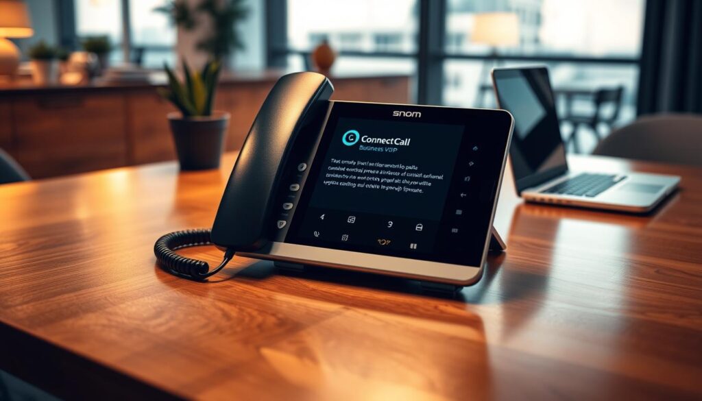A sleek Snom phone displayed prominently in the foreground, showcasing its advanced interface with a focus on the firmware update screen. The device is placed on a polished wooden desk with a stylish, modern office background featuring soft-focus elements like a potted plant and a laptop to suggest a professional environment. Warm, soft lighting illuminates the scene, enhancing the sleek design of the phone with gentle shadows. A subtle reflection can be seen on the surface of the desk, adding depth. The brand logo "Connect Call Business VoIP" is visible on the phone's interface, integrating seamlessly into the design. The atmosphere conveys a sense of professionalism and technological efficiency, making it perfect for illustrating the theme of firmware updates and maintenance for Snom phones. A sleek Snom phone displayed prominently in the foreground, showcasing its advanced interface with a focus on the firmware update screen. The device is placed on a polished wooden desk with a stylish, modern office background featuring soft-focus elements like a potted plant and a laptop to suggest a professional environment. Warm, soft lighting illuminates the scene, enhancing the sleek design of the phone with gentle shadows. A subtle reflection can be seen on the surface of the desk, adding depth. The brand logo "Connect Call Business VoIP" is visible on the phone's interface, integrating seamlessly into the design. The atmosphere conveys a sense of professionalism and technological efficiency, making it perfect for illustrating the theme of firmware updates and maintenance for Snom phones.