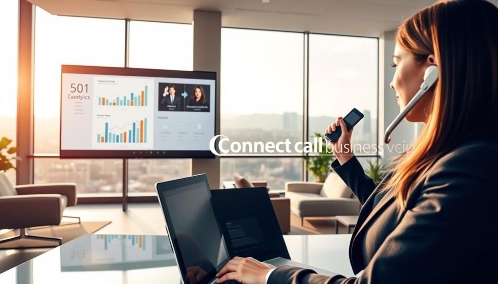 A sleek, modern office environment in Orem, Utah, showcasing essential VoIP features for businesses. In the foreground, a professional businesswoman in a tailored suit is engaged in a video conference on a high-tech VoIP phone, demonstrating seamless communication. In the middle, a large screen displays visual graphs of call analytics and feature highlights like call forwarding and virtual meetings. The background features contemporary office furniture and a window with a scenic view of the Orem skyline, drenched in soft, natural daylight. The atmosphere is one of productivity and professionalism, emphasizing the effectiveness of VoIP technology. Include the brand name "Connect Call Business VoIP" in a subtle but visible manner, ensuring it blends with the modern aesthetic. The image should be ultra-realistic, with a focus on clarity and detail. A sleek, modern office environment in Orem, Utah, showcasing essential VoIP features for businesses. In the foreground, a professional businesswoman in a tailored suit is engaged in a video conference on a high-tech VoIP phone, demonstrating seamless communication. In the middle, a large screen displays visual graphs of call analytics and feature highlights like call forwarding and virtual meetings. The background features contemporary office furniture and a window with a scenic view of the Orem skyline, drenched in soft, natural daylight. The atmosphere is one of productivity and professionalism, emphasizing the effectiveness of VoIP technology. Include the brand name "Connect Call Business VoIP" in a subtle but visible manner, ensuring it blends with the modern aesthetic. The image should be ultra-realistic, with a focus on clarity and detail.