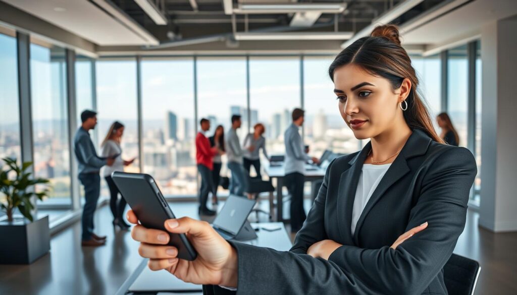 A sleek, modern office environment showcasing a diverse team of professionals representing "Connect Call Business VoIP" in Davis County. In the foreground, a businesswoman in professional attire is actively engaging with a smartphone, demonstrating VoIP technology. The middle ground features a diverse group of individuals collaborating around a conference table, with laptops, headsets, and VoIP equipment subtly displayed. The background shows a panoramic view of Brigham City's skyline through large windows, with soft natural light illuminating the space, creating a vibrant and dynamic atmosphere. Utilize a wide-angle lens to capture the entire scene, emphasizing a sense of connectivity and professionalism. The overall mood should convey innovation and teamwork in the realm of VoIP services. A sleek, modern office environment showcasing a diverse team of professionals representing "Connect Call Business VoIP" in Davis County. In the foreground, a businesswoman in professional attire is actively engaging with a smartphone, demonstrating VoIP technology. The middle ground features a diverse group of individuals collaborating around a conference table, with laptops, headsets, and VoIP equipment subtly displayed. The background shows a panoramic view of Brigham City's skyline through large windows, with soft natural light illuminating the space, creating a vibrant and dynamic atmosphere. Utilize a wide-angle lens to capture the entire scene, emphasizing a sense of connectivity and professionalism. The overall mood should convey innovation and teamwork in the realm of VoIP services.