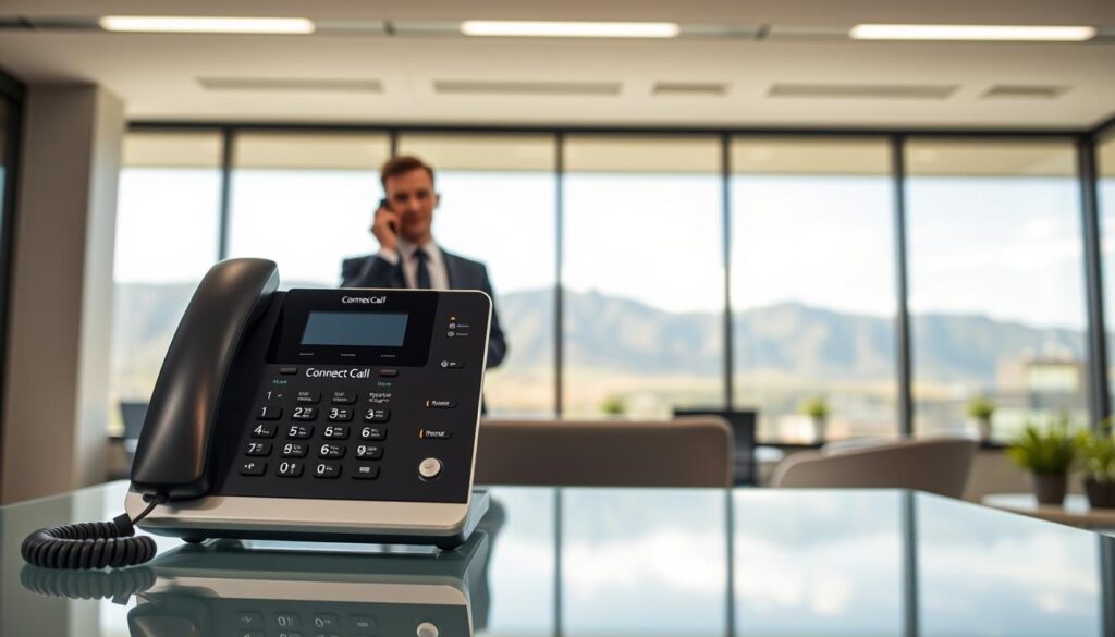A sleek, modern office setting in Orem, Utah, showcasing a high-tech VoIP phone setup. In the foreground, a stylish VoIP phone branded "Connect Call Business VoIP" sits on a glass desk with soft reflections. The middle features a professional business person in business attire, engaged in a call, exuding confidence and focus. Behind them, a large window reveals a panoramic view of Orem's scenic landscape, with mountains and clear skies. The lighting is bright and natural, creating an inviting atmosphere. The image is captured with a shallow depth of field, emphasizing the VoIP phone while gently blurring the background, conveying a sense of modernity and professionalism in implementing VoIP solutions. A sleek, modern office setting in Orem, Utah, showcasing a high-tech VoIP phone setup. In the foreground, a stylish VoIP phone branded "Connect Call Business VoIP" sits on a glass desk with soft reflections. The middle features a professional business person in business attire, engaged in a call, exuding confidence and focus. Behind them, a large window reveals a panoramic view of Orem's scenic landscape, with mountains and clear skies. The lighting is bright and natural, creating an inviting atmosphere. The image is captured with a shallow depth of field, emphasizing the VoIP phone while gently blurring the background, conveying a sense of modernity and professionalism in implementing VoIP solutions.