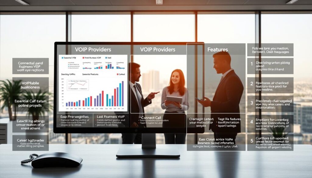A sleek, ultra-realistic comparison diagram of VoIP providers, featuring a professional office setting in Layton, Utah. In the foreground, showcase a modern workspace with a computer displaying charts and graphs comparing essential features of various VoIP providers, specifically highlighting "Connect Call Business VoIP". In the middle, include diverse professionals in business attire engaged in discussion, analyzing data on a digital tablet. The background should feature a large window revealing a view of Layton's skyline, with soft daylight streaming in, creating an inviting atmosphere. Emphasize clarity and organization in the visual elements to convey the essential features of VoIP services effectively. Capture an overall mood of professionalism and innovation, ensuring all elements are clean and well-defined without any text or watermarks. A sleek, ultra-realistic comparison diagram of VoIP providers, featuring a professional office setting in Layton, Utah. In the foreground, showcase a modern workspace with a computer displaying charts and graphs comparing essential features of various VoIP providers, specifically highlighting "Connect Call Business VoIP". In the middle, include diverse professionals in business attire engaged in discussion, analyzing data on a digital tablet. The background should feature a large window revealing a view of Layton's skyline, with soft daylight streaming in, creating an inviting atmosphere. Emphasize clarity and organization in the visual elements to convey the essential features of VoIP services effectively. Capture an overall mood of professionalism and innovation, ensuring all elements are clean and well-defined without any text or watermarks.