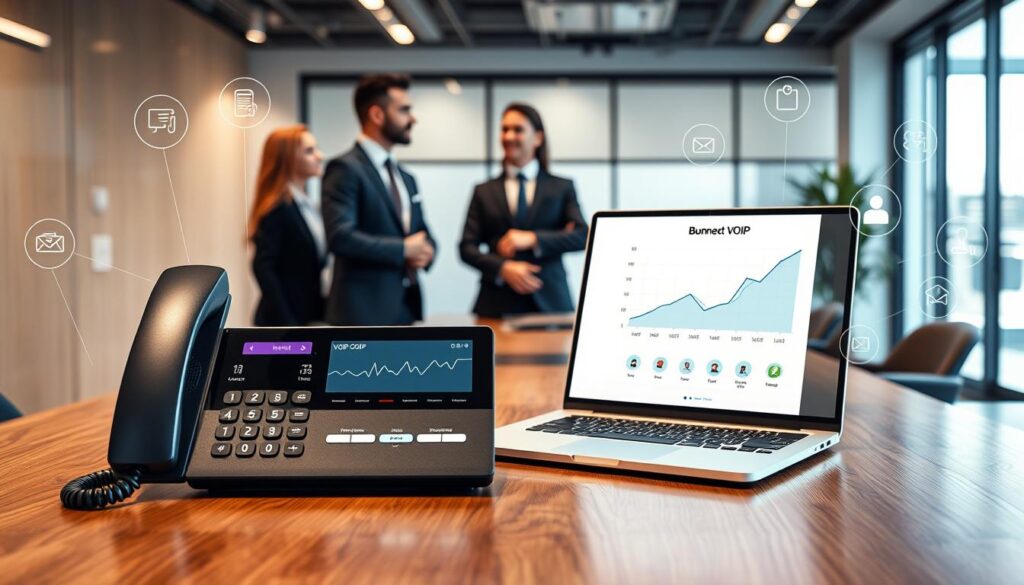 A sleek, ultra-realistic office setting showcasing VoIP features for businesses. In the foreground, a polished wooden desk displays a high-tech VoIP phone and a laptop with a graph illustrating call quality metrics. In the middle ground, a diverse group of three professionals dressed in business attire—two men and one woman—are engaged in a discussion, showcasing collaboration. The background features a modern conference room with a large window allowing soft, natural lighting to fill the space, enhancing the mood of innovation and productivity. The image includes digital elements like icons for call forwarding, video conferencing, and virtual voicemail floating subtly around the desk, symbolizing VoIP technology. Prominently feature the brand name “Connect Call Business VoIP” on the laptop screen. A sleek, ultra-realistic office setting showcasing VoIP features for businesses. In the foreground, a polished wooden desk displays a high-tech VoIP phone and a laptop with a graph illustrating call quality metrics. In the middle ground, a diverse group of three professionals dressed in business attire—two men and one woman—are engaged in a discussion, showcasing collaboration. The background features a modern conference room with a large window allowing soft, natural lighting to fill the space, enhancing the mood of innovation and productivity. The image includes digital elements like icons for call forwarding, video conferencing, and virtual voicemail floating subtly around the desk, symbolizing VoIP technology. Prominently feature the brand name “Connect Call Business VoIP” on the laptop screen.