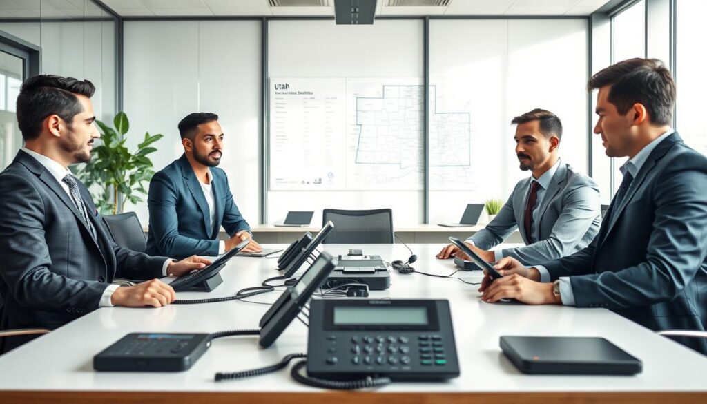 A team of professional phone system experts in a sleek office environment representing "Connect Call Business VoIP". The foreground features three diverse individuals, two men and one woman, engaged in a collaborative discussion over a modern conference table, all dressed in smart business attire. The middle ground includes high-tech phones and communication tools, showcasing their expertise while large windows allow natural light to flood the room, creating a bright and inviting atmosphere. In the background, a map of Utah highlights service areas, subtly blending into the office decor, emphasizing local expertise. Capture this scene with a 35mm lens to create a sharp focus on the team while softening the background, conveying a sense of professionalism and connectivity. The overall mood of the image is dynamic and engaging, reflecting a modern approach to phone system solutions. A team of professional phone system experts in a sleek office environment representing "Connect Call Business VoIP". The foreground features three diverse individuals, two men and one woman, engaged in a collaborative discussion over a modern conference table, all dressed in smart business attire. The middle ground includes high-tech phones and communication tools, showcasing their expertise while large windows allow natural light to flood the room, creating a bright and inviting atmosphere. In the background, a map of Utah highlights service areas, subtly blending into the office decor, emphasizing local expertise. Capture this scene with a 35mm lens to create a sharp focus on the team while softening the background, conveying a sense of professionalism and connectivity. The overall mood of the image is dynamic and engaging, reflecting a modern approach to phone system solutions.