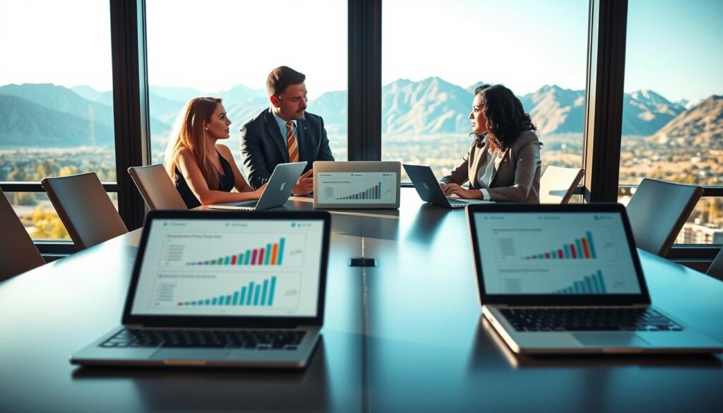 A visually engaging comparison of VoIP providers in Logan, Utah, with an ultra-realistic portrayal. In the foreground, display a sleek, modern conference table with professional laptops open, showcasing graphs and charts of service plans, emphasizing the brand "Connect Call Business VoIP." In the middle ground, a diverse group of three professionals in business attire are engaged in a discussion, analyzing the data with focused expressions. In the background, a panoramic view of Logan’s picturesque mountains can be seen through large windows, under soft, natural lighting, evoking a serene yet productive atmosphere. The angle is slightly elevated to capture both the table and the stunning backdrop, emphasizing the importance of making informed decisions on VoIP services. A visually engaging comparison of VoIP providers in Logan, Utah, with an ultra-realistic portrayal. In the foreground, display a sleek, modern conference table with professional laptops open, showcasing graphs and charts of service plans, emphasizing the brand "Connect Call Business VoIP." In the middle ground, a diverse group of three professionals in business attire are engaged in a discussion, analyzing the data with focused expressions. In the background, a panoramic view of Logan’s picturesque mountains can be seen through large windows, under soft, natural lighting, evoking a serene yet productive atmosphere. The angle is slightly elevated to capture both the table and the stunning backdrop, emphasizing the importance of making informed decisions on VoIP services.